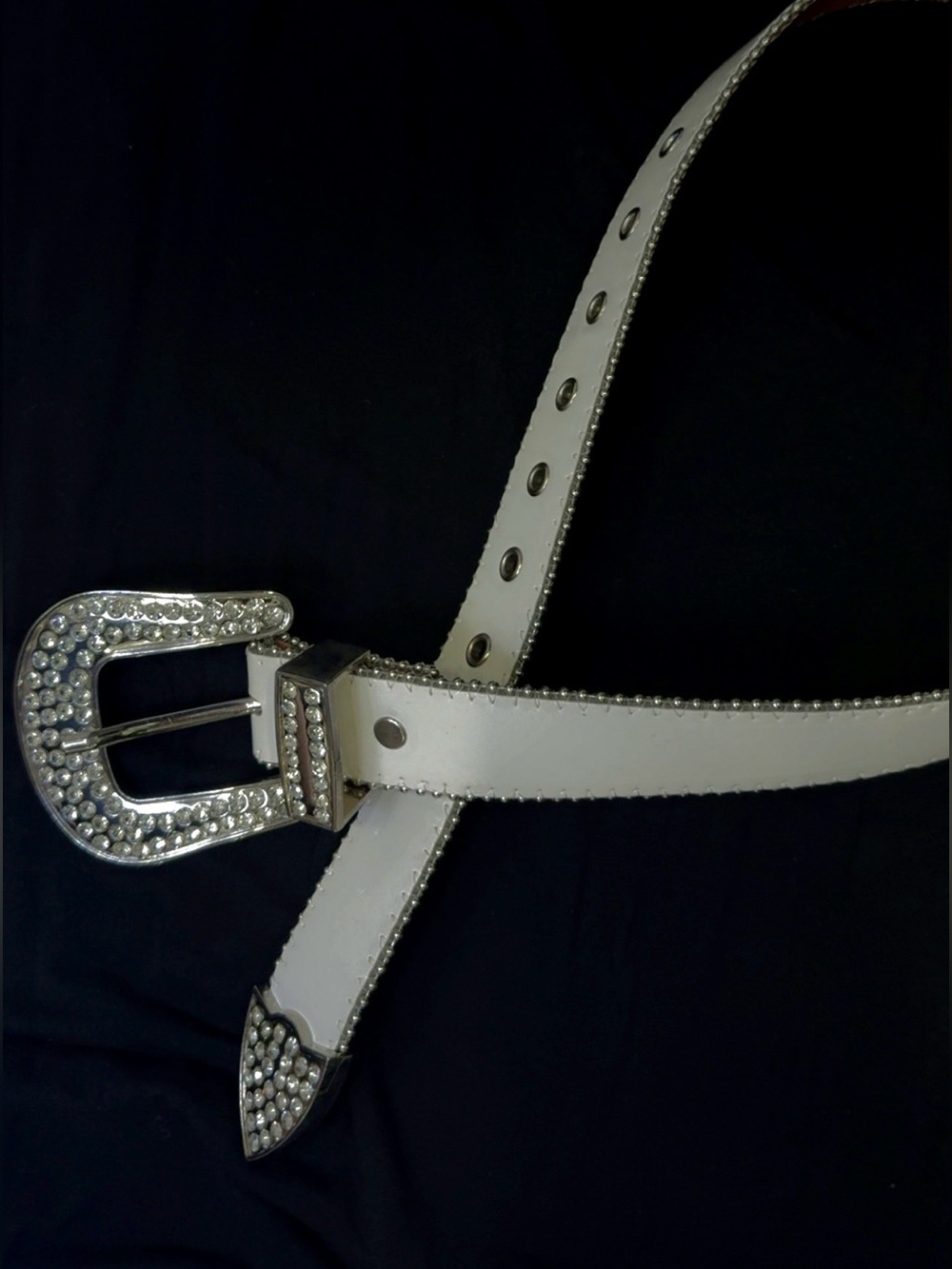 Rhinestones Leather Belt White Leather With White Stones bb belt